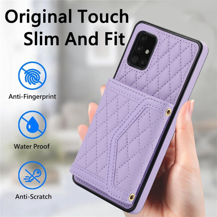 For Samsung Galaxy A51 5G Splicing Rhombic Texture Card Bag Phone Case with Long Lanyard