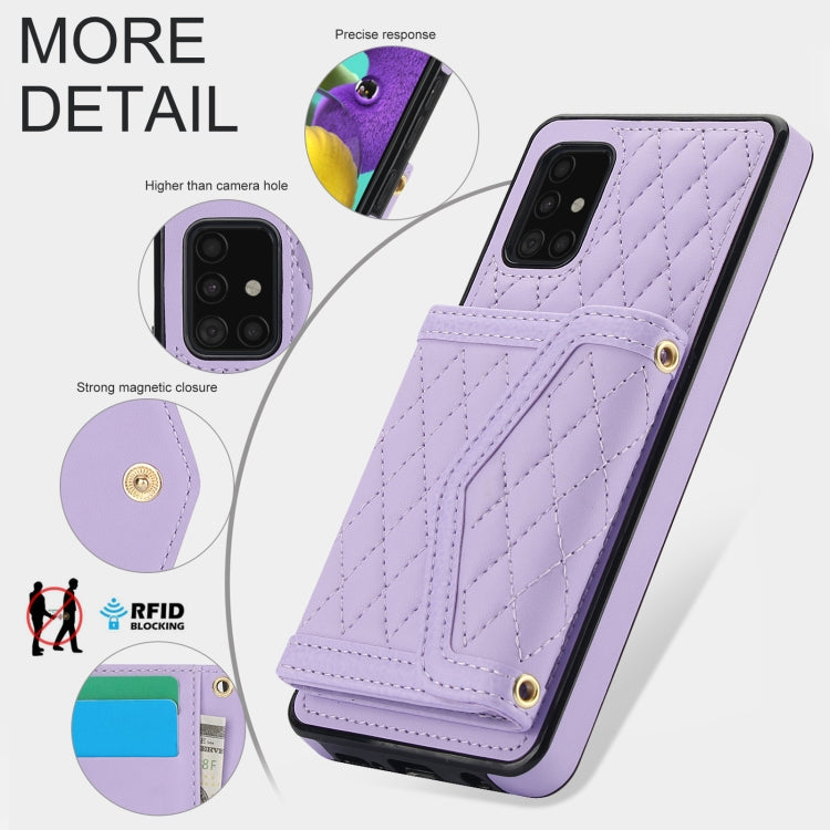 For Samsung Galaxy A51 5G Splicing Rhombic Texture Card Bag Phone Case with Long Lanyard