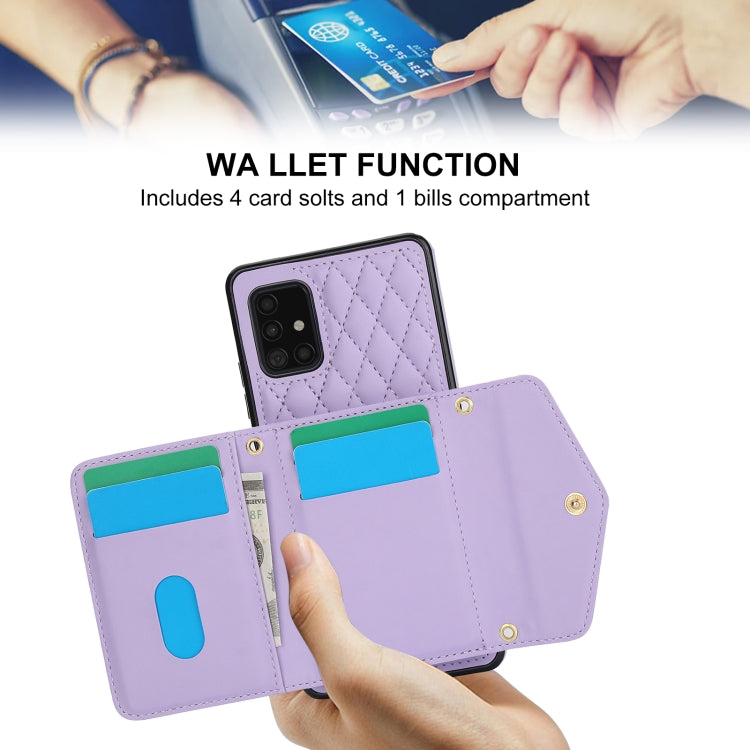 For Samsung Galaxy A51 5G Splicing Rhombic Texture Card Bag Phone Case with Long Lanyard