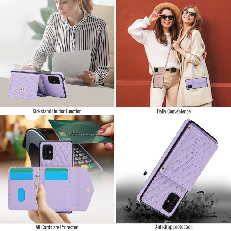 For Samsung Galaxy A51 5G Splicing Rhombic Texture Card Bag Phone Case with Long Lanyard