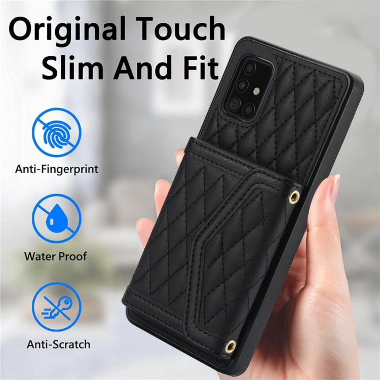 For Samsung Galaxy A51 5G Splicing Rhombic Texture Card Bag Phone Case with Long Lanyard