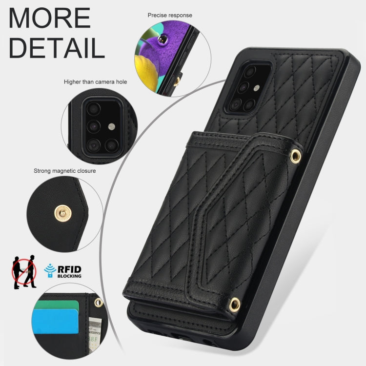 For Samsung Galaxy A51 5G Splicing Rhombic Texture Card Bag Phone Case with Long Lanyard