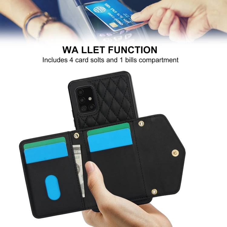 For Samsung Galaxy A51 5G Splicing Rhombic Texture Card Bag Phone Case with Long Lanyard