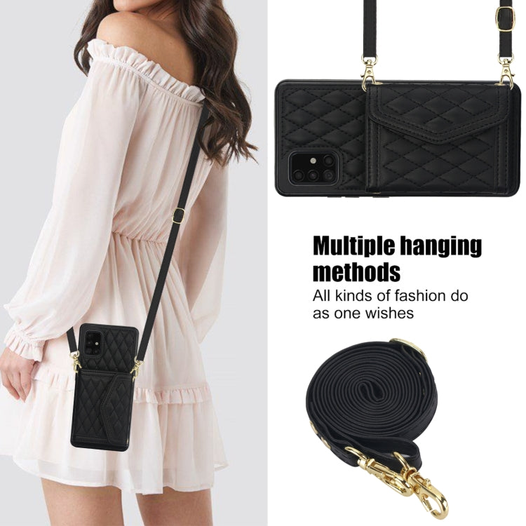 For Samsung Galaxy A51 5G Splicing Rhombic Texture Card Bag Phone Case with Long Lanyard
