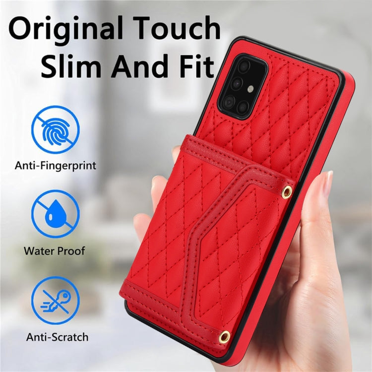 For Samsung Galaxy A51 5G Splicing Rhombic Texture Card Bag Phone Case with Long Lanyard