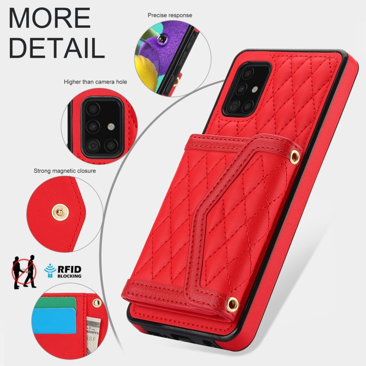 For Samsung Galaxy A51 5G Splicing Rhombic Texture Card Bag Phone Case with Long Lanyard