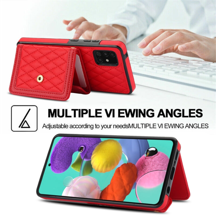 For Samsung Galaxy A51 5G Splicing Rhombic Texture Card Bag Phone Case with Long Lanyard
