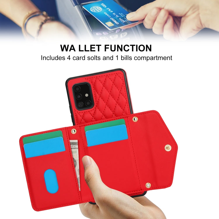 For Samsung Galaxy A51 5G Splicing Rhombic Texture Card Bag Phone Case with Long Lanyard