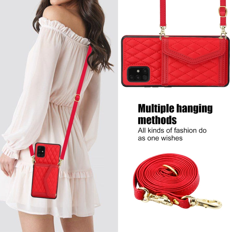 For Samsung Galaxy A51 5G Splicing Rhombic Texture Card Bag Phone Case with Long Lanyard