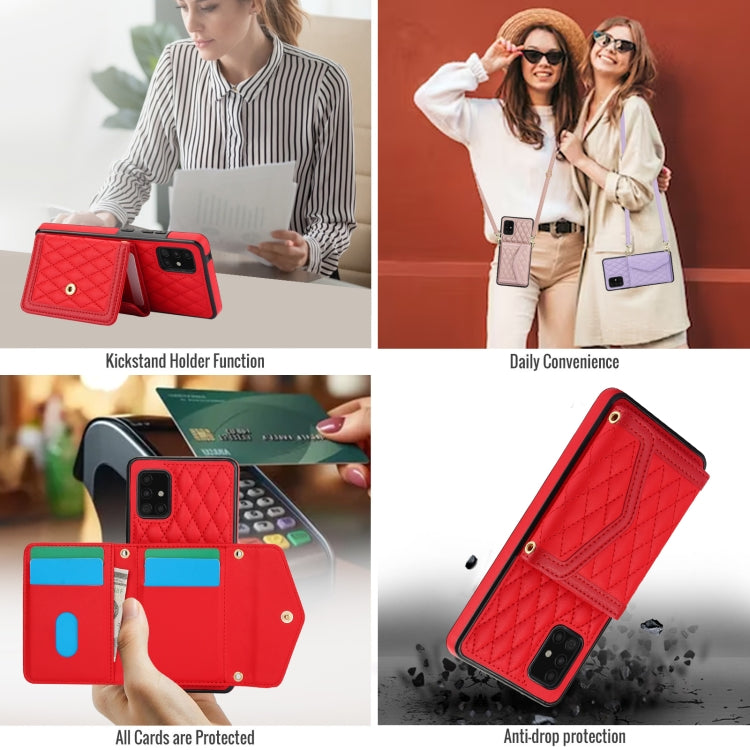 For Samsung Galaxy A51 5G Splicing Rhombic Texture Card Bag Phone Case with Long Lanyard