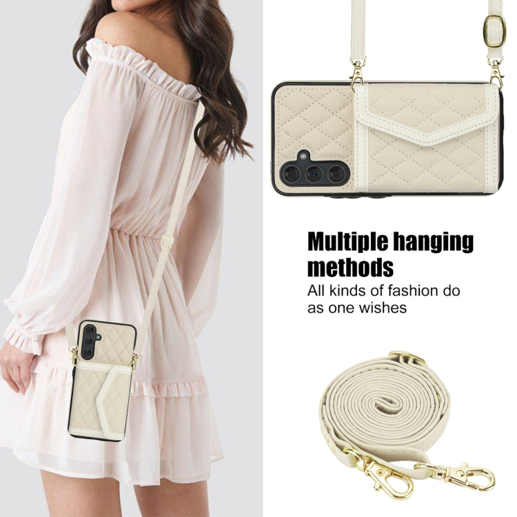 For Samsung Galaxy A54 4G / 5G Splicing Rhombic Texture Card Bag Phone Case with Long Lanyard