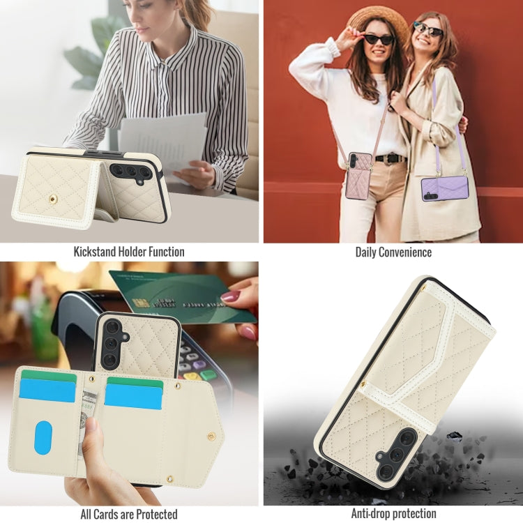 For Samsung Galaxy A54 4G / 5G Splicing Rhombic Texture Card Bag Phone Case with Long Lanyard