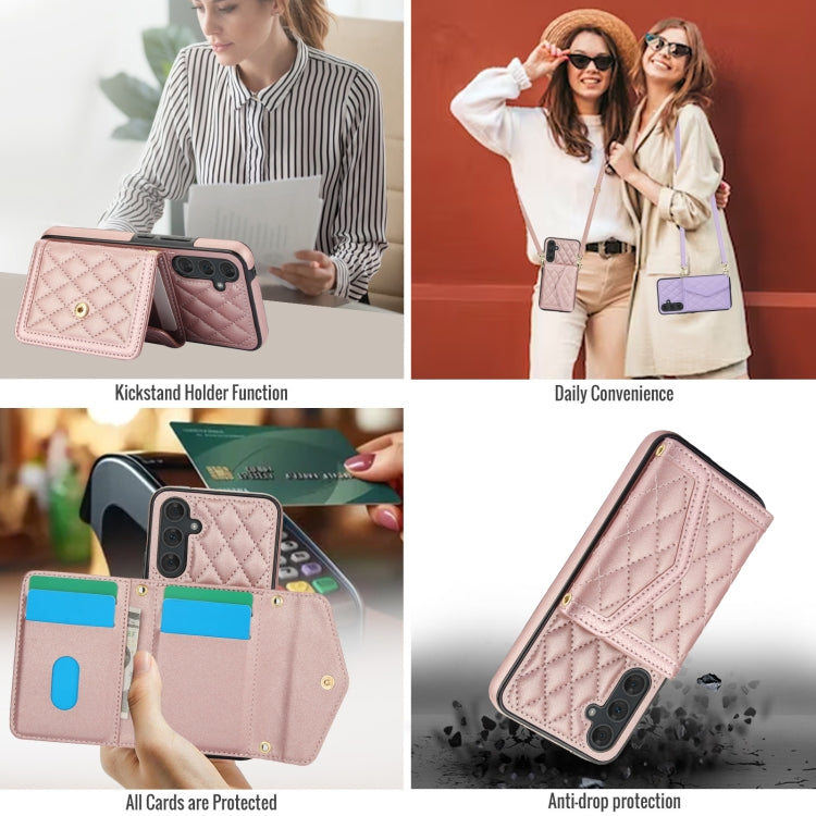 For Samsung Galaxy A54 4G / 5G Splicing Rhombic Texture Card Bag Phone Case with Long Lanyard
