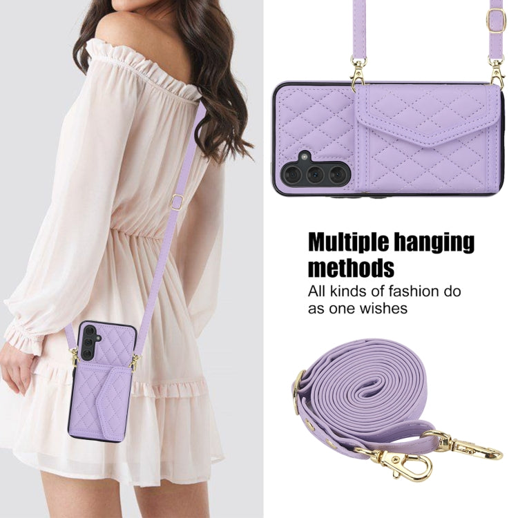 For Samsung Galaxy A54 4G / 5G Splicing Rhombic Texture Card Bag Phone Case with Long Lanyard