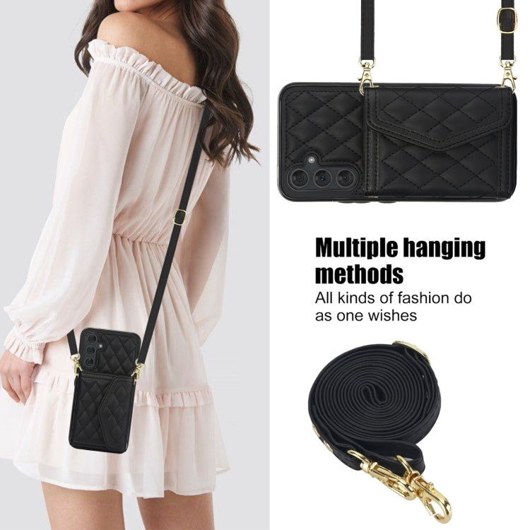 For Samsung Galaxy A54 4G / 5G Splicing Rhombic Texture Card Bag Phone Case with Long Lanyard