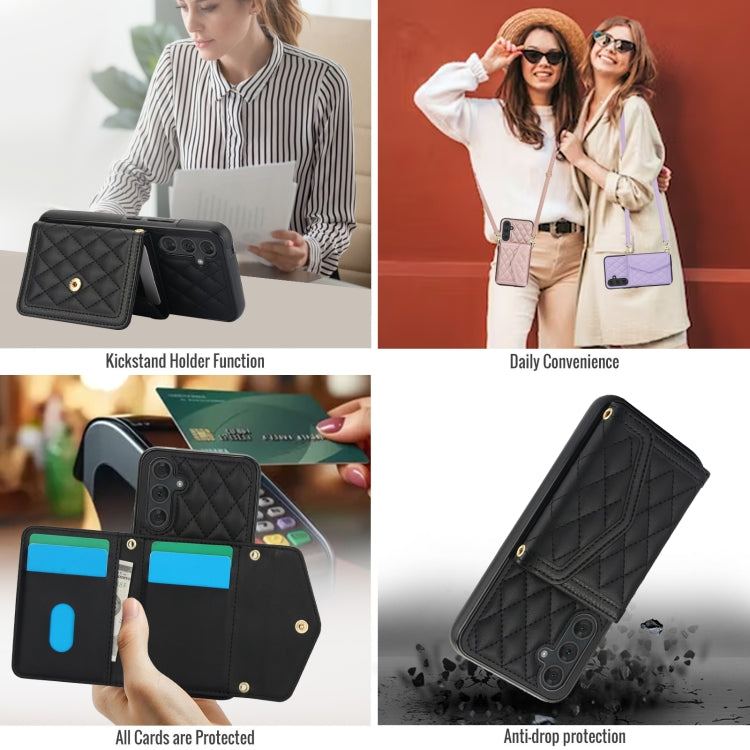 For Samsung Galaxy A54 4G / 5G Splicing Rhombic Texture Card Bag Phone Case with Long Lanyard