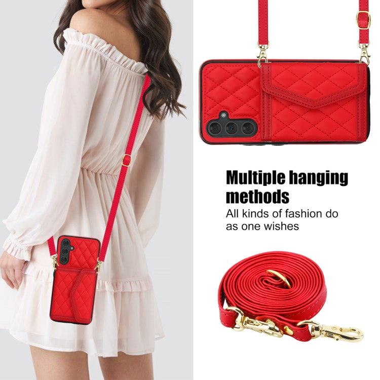For Samsung Galaxy A54 4G / 5G Splicing Rhombic Texture Card Bag Phone Case with Long Lanyard
