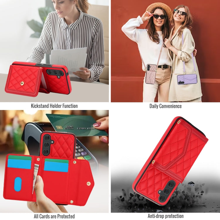 For Samsung Galaxy A54 4G / 5G Splicing Rhombic Texture Card Bag Phone Case with Long Lanyard