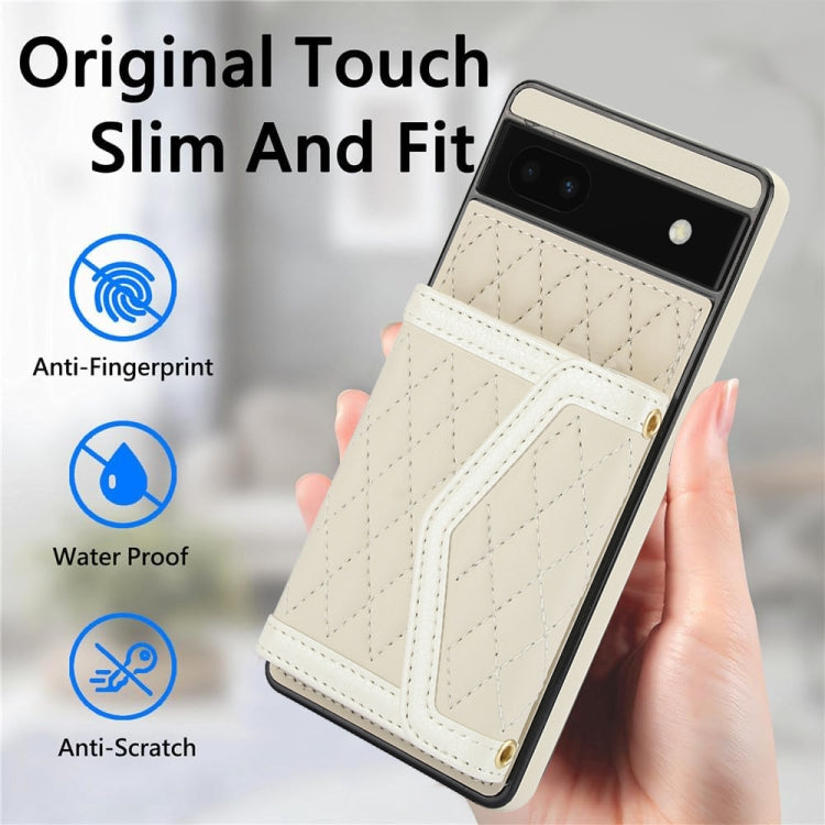 For Google Pixel 6a Splicing Rhombic Texture Card Bag Phone Case with Long Lanyard