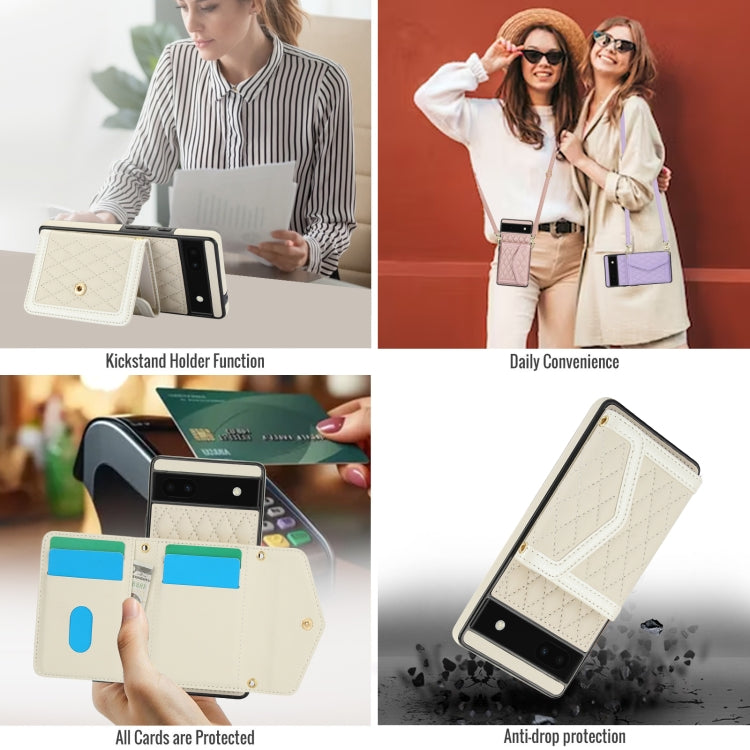 For Google Pixel 6a Splicing Rhombic Texture Card Bag Phone Case with Long Lanyard