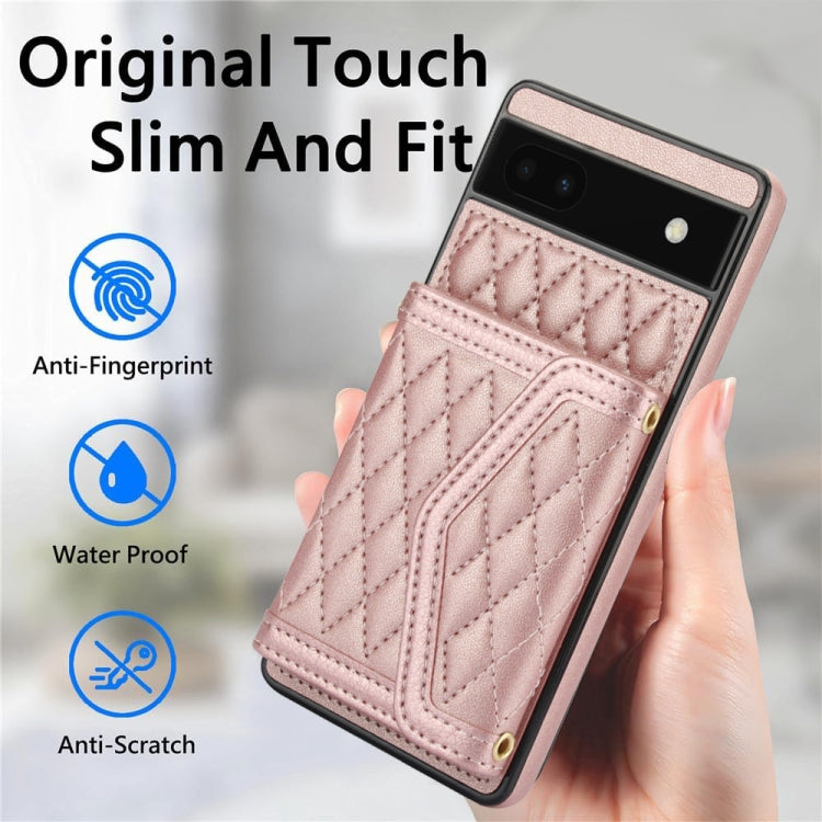 For Google Pixel 6a Splicing Rhombic Texture Card Bag Phone Case with Long Lanyard