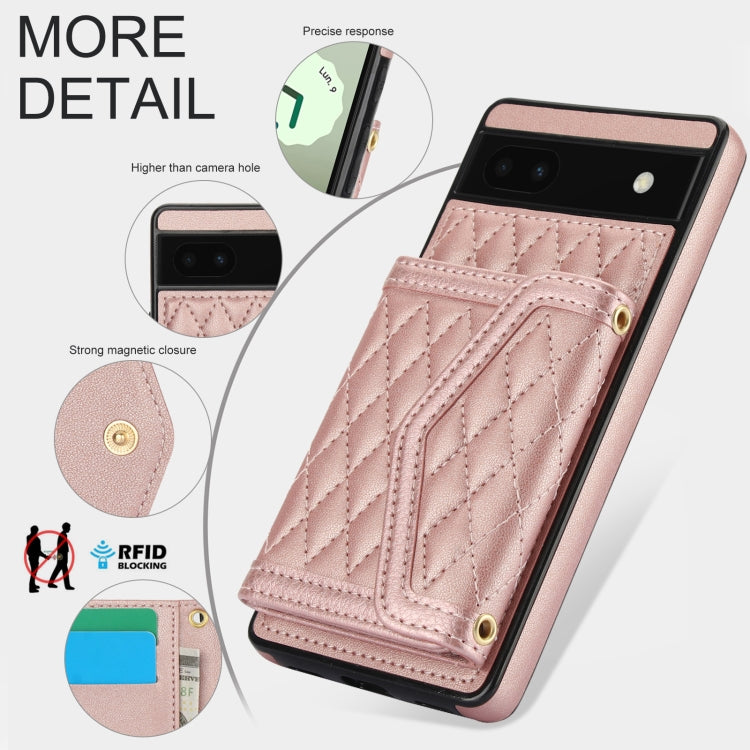 For Google Pixel 6a Splicing Rhombic Texture Card Bag Phone Case with Long Lanyard
