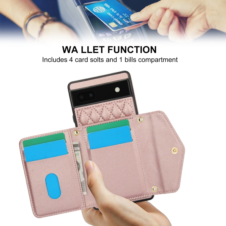 For Google Pixel 6a Splicing Rhombic Texture Card Bag Phone Case with Long Lanyard