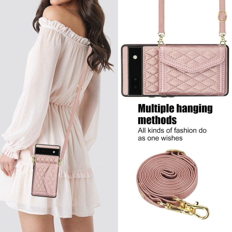 For Google Pixel 6a Splicing Rhombic Texture Card Bag Phone Case with Long Lanyard