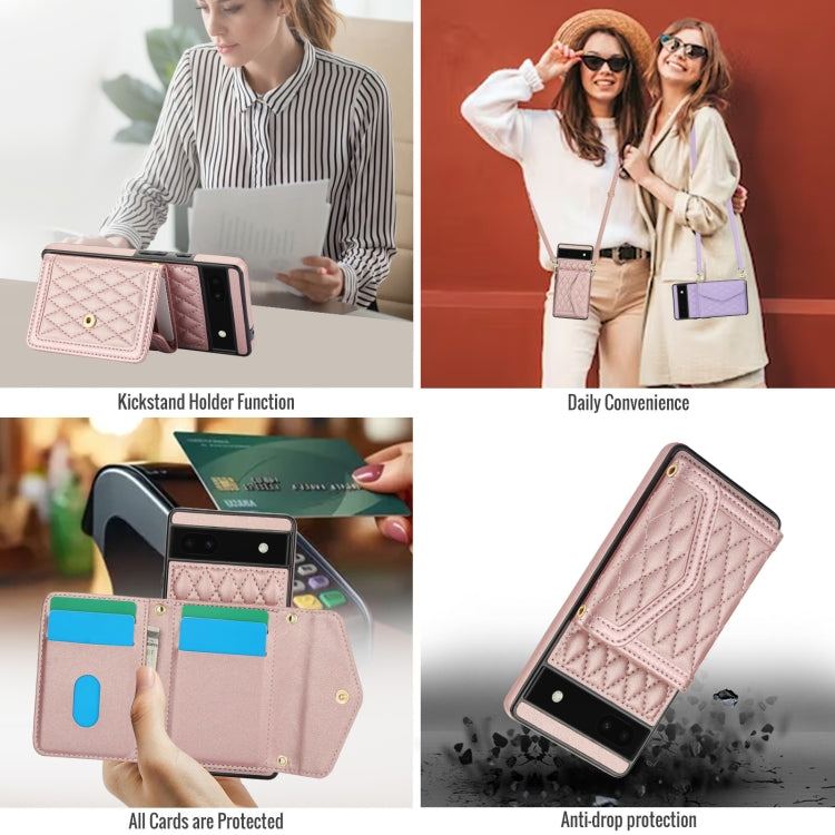 For Google Pixel 6a Splicing Rhombic Texture Card Bag Phone Case with Long Lanyard