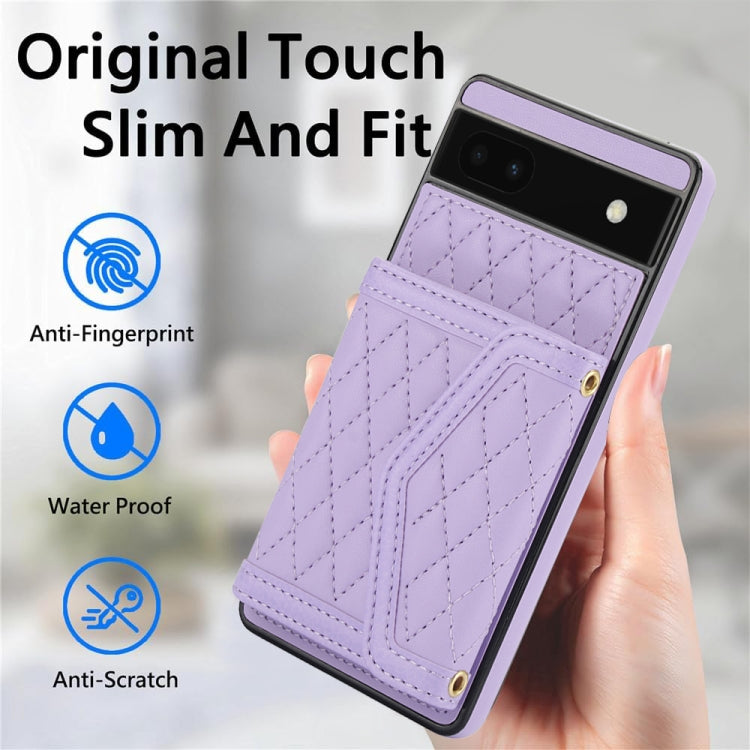 For Google Pixel 6a Splicing Rhombic Texture Card Bag Phone Case with Long Lanyard