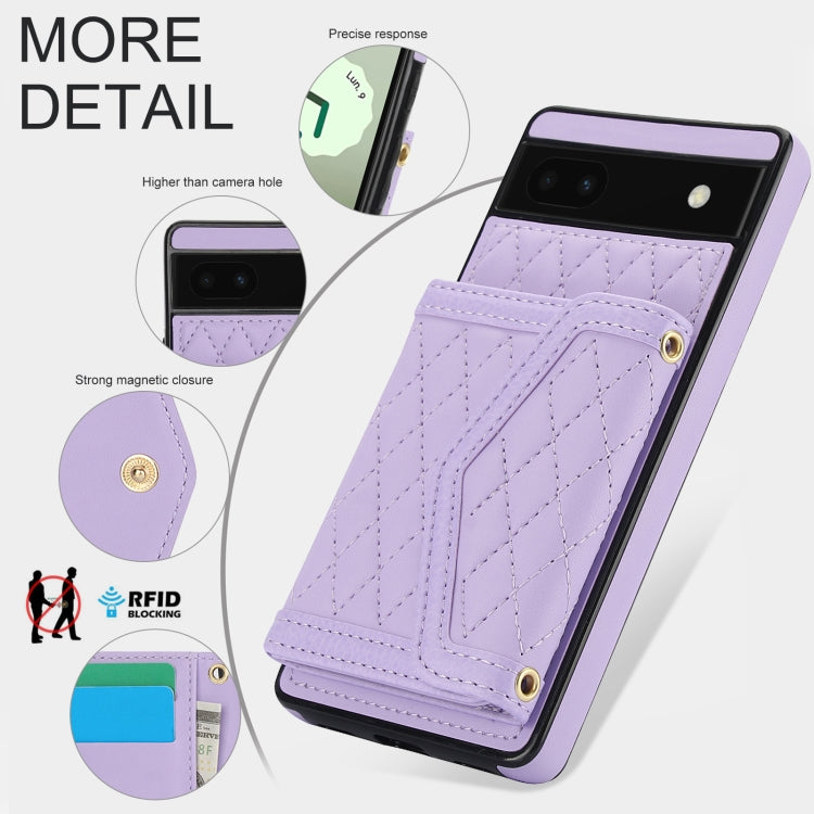 For Google Pixel 6a Splicing Rhombic Texture Card Bag Phone Case with Long Lanyard