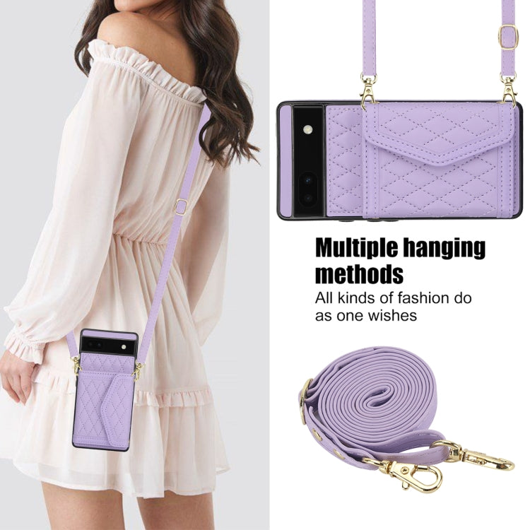 For Google Pixel 6a Splicing Rhombic Texture Card Bag Phone Case with Long Lanyard