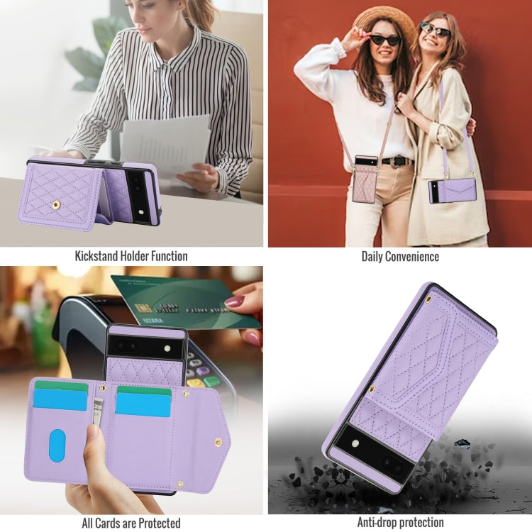 For Google Pixel 6a Splicing Rhombic Texture Card Bag Phone Case with Long Lanyard