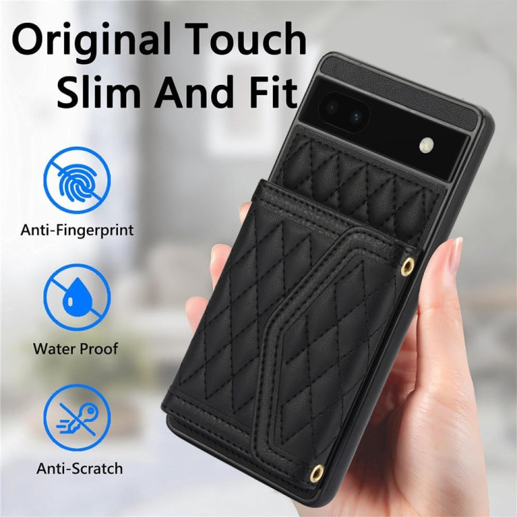 For Google Pixel 6a Splicing Rhombic Texture Card Bag Phone Case with Long Lanyard