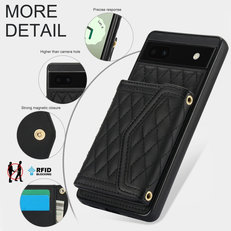 For Google Pixel 6a Splicing Rhombic Texture Card Bag Phone Case with Long Lanyard