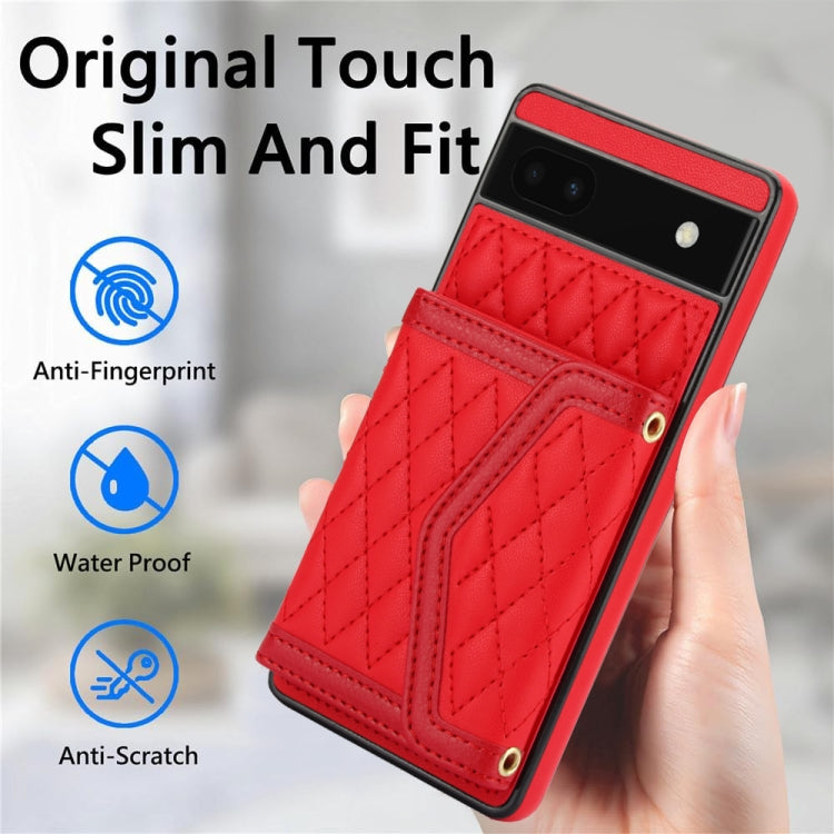 For Google Pixel 6a Splicing Rhombic Texture Card Bag Phone Case with Long Lanyard