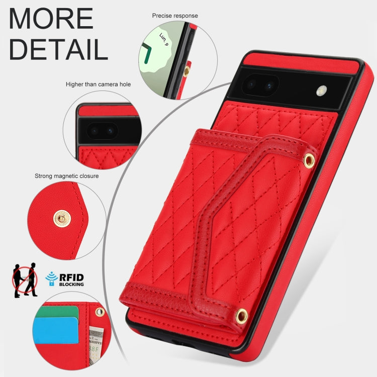 For Google Pixel 6a Splicing Rhombic Texture Card Bag Phone Case with Long Lanyard