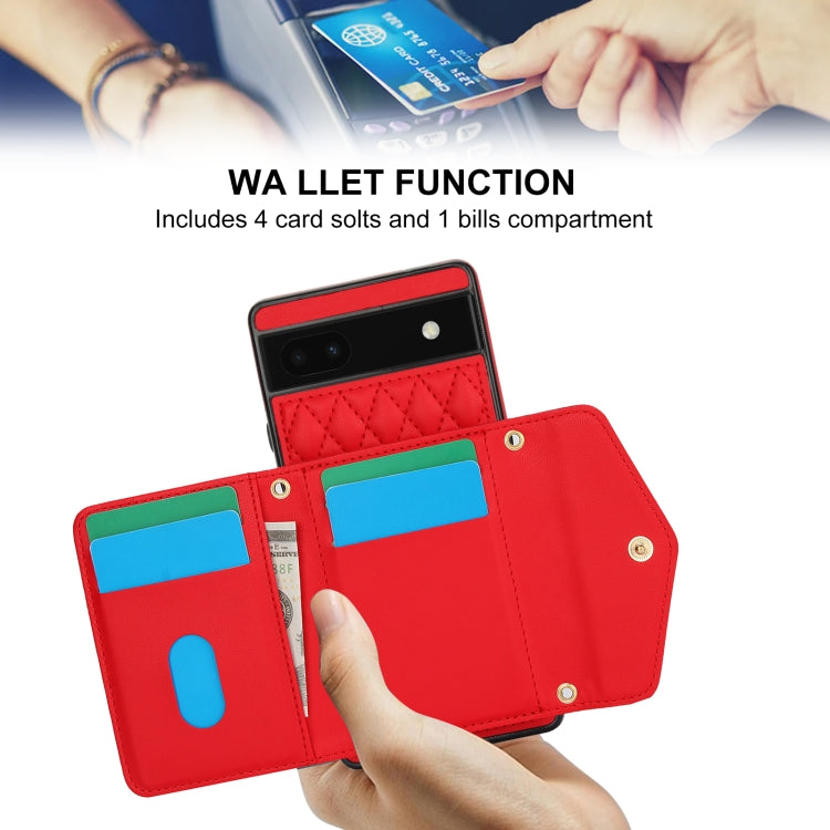For Google Pixel 6a Splicing Rhombic Texture Card Bag Phone Case with Long Lanyard