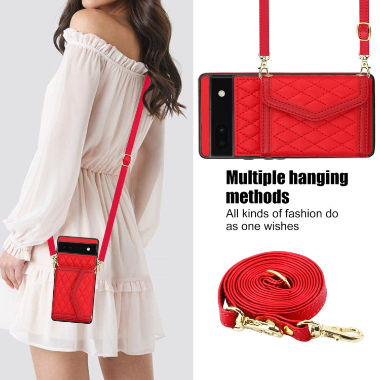 For Google Pixel 6a Splicing Rhombic Texture Card Bag Phone Case with Long Lanyard