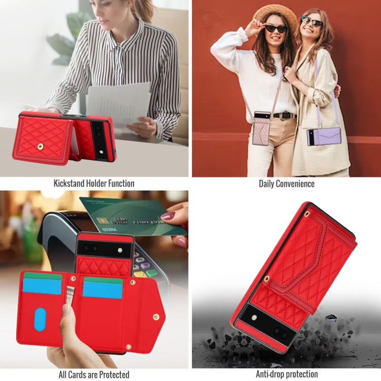 For Google Pixel 6a Splicing Rhombic Texture Card Bag Phone Case with Long Lanyard