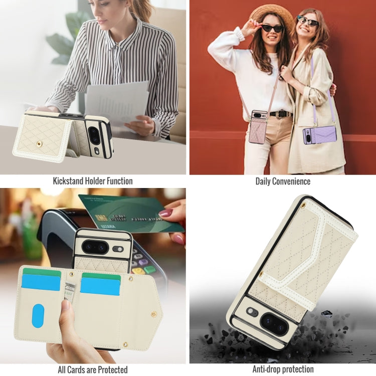For Google Pixel 8 Splicing Rhombic Texture Card Bag Phone Case with Long Lanyard