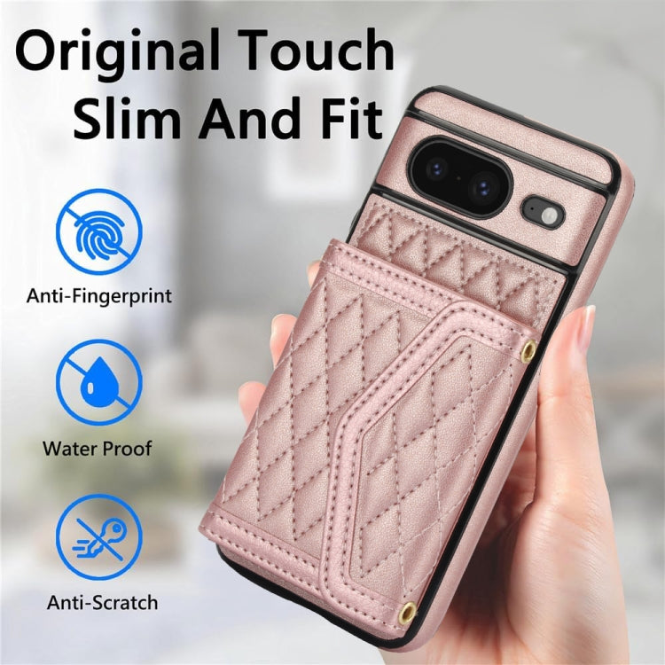 For Google Pixel 8 Splicing Rhombic Texture Card Bag Phone Case with Long Lanyard