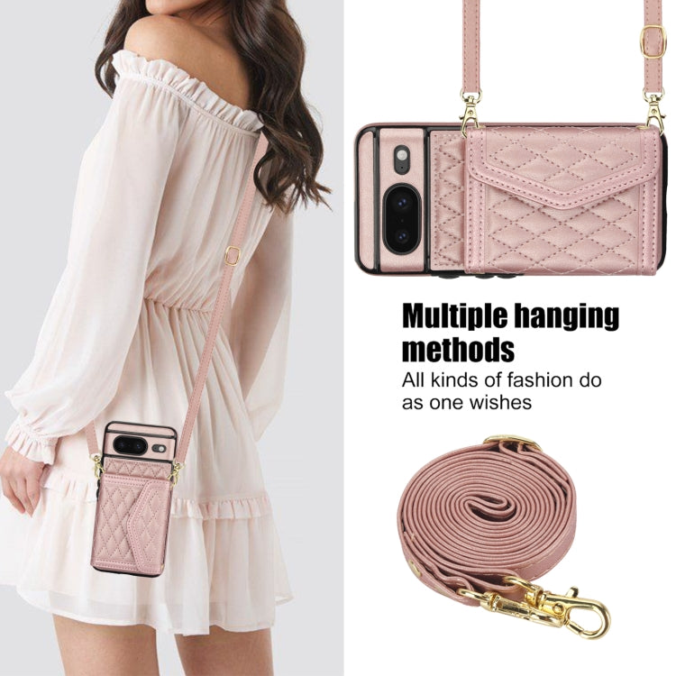 For Google Pixel 8 Splicing Rhombic Texture Card Bag Phone Case with Long Lanyard