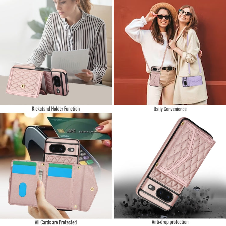 For Google Pixel 8 Splicing Rhombic Texture Card Bag Phone Case with Long Lanyard