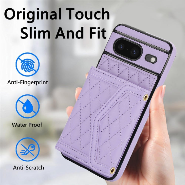 For Google Pixel 8 Splicing Rhombic Texture Card Bag Phone Case with Long Lanyard