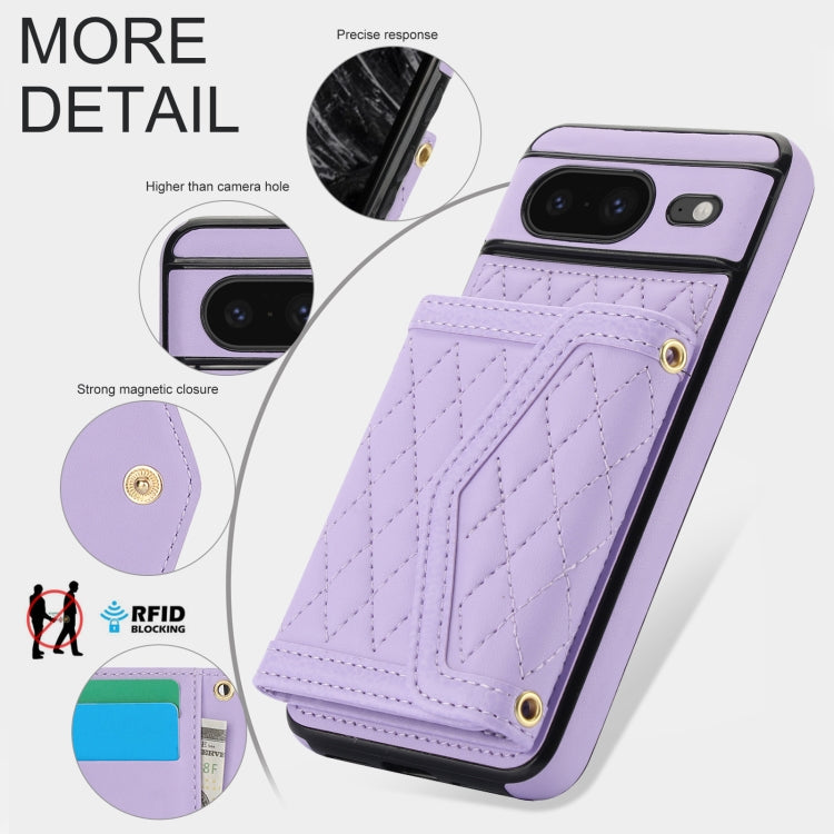 For Google Pixel 8 Splicing Rhombic Texture Card Bag Phone Case with Long Lanyard