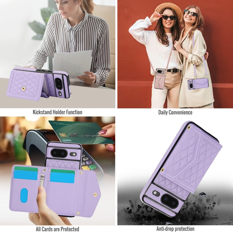 For Google Pixel 8 Splicing Rhombic Texture Card Bag Phone Case with Long Lanyard