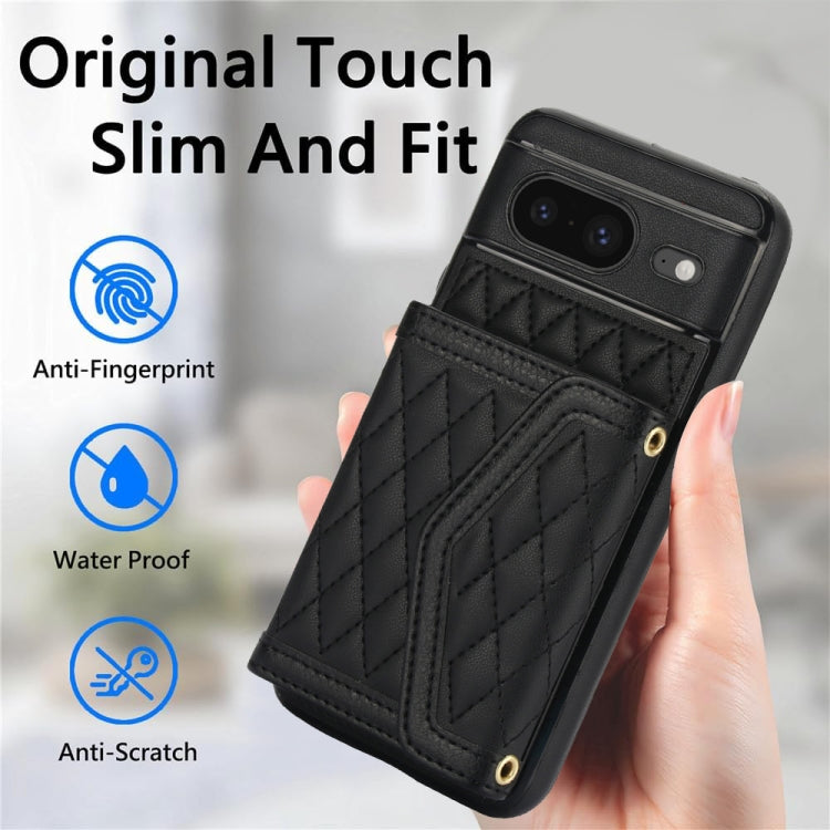 For Google Pixel 8 Splicing Rhombic Texture Card Bag Phone Case with Long Lanyard