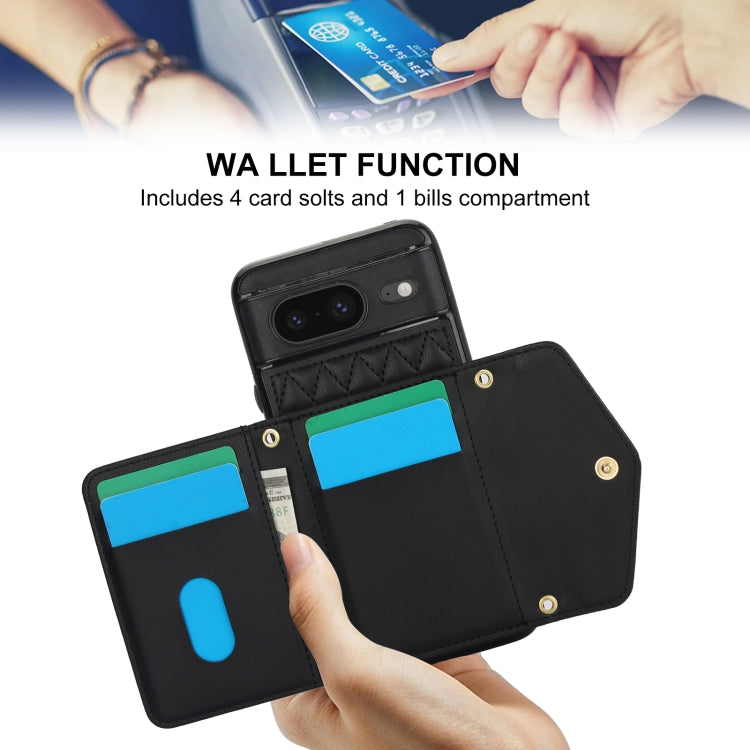For Google Pixel 8 Splicing Rhombic Texture Card Bag Phone Case with Long Lanyard