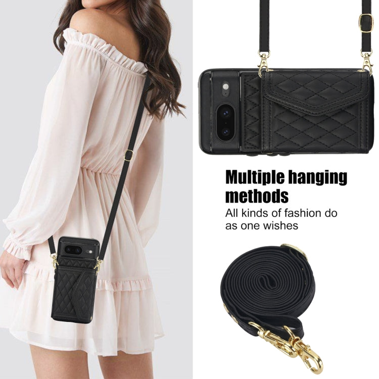 For Google Pixel 8 Splicing Rhombic Texture Card Bag Phone Case with Long Lanyard